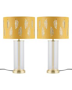 Set of 2 Aura - Satin Brass Lamps with Ochre Fern Cut Out Shades