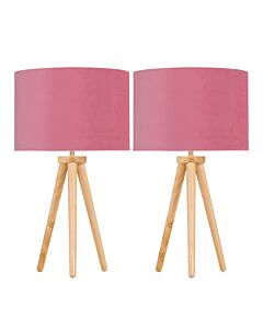 Set of 2 Light Oak Table Lamp or Bedside Lights with Flamingo Shades
