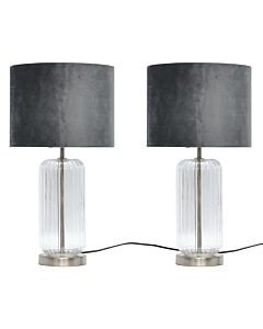 Set of 2 Walpole - Clear Fluted Glass and Brushed Chrome 49cm Table Lamps with Grey Velvet Shade