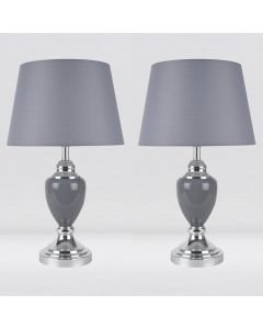 Set of 2 Chrome and Grey Urn Table Lamps with Grey Shades