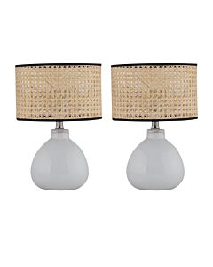 Set of 2 Tuscan - White Ceramic Lamps with Natural Cane Shade