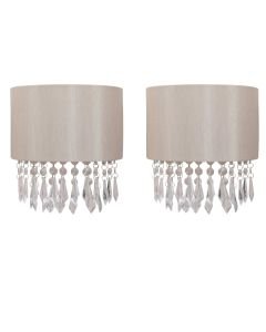 Set of 2 Jewelled Pale Gold Fabric Wall Lights With Clear Beaded Crystal Style Strings