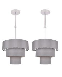 Set of 2 Staggered 3 Tier Grey Faux Silk Slub Fabric Ceiling Adjustable Flush Shade with Chrome Board Inner
