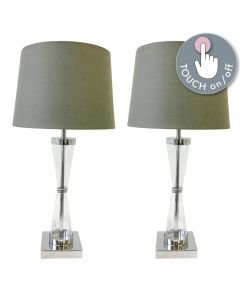 Set of 2 Chrome Touch Lamps with Grey Cotton Shades
