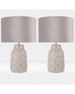 Set of 2 Peacock Glazed Ceramic Lamps with Grey Velour Shade