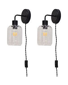 Set of 2 Toby - Black Plug in Wall Lights Ribbed Glass Shades