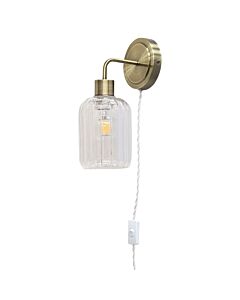 Toby - Antique Brass Plug in Wall Light & Lozenge Ribbed Glass Shade