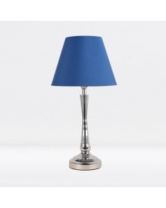 Chrome Plated Bedside Table Light with Curved Column Blue Fabric Shade