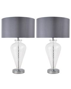 Pair of Clear Glass Table Lamps with Grey Fabric Shades
