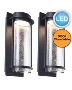 Set of 2 Aquarius - LED Black Clear Seeded Glass IP44 Outdoor Wall Lights