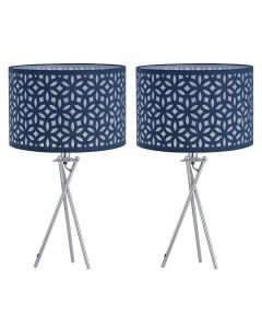 Set of 2 Chrome Tripod Table Lamps with Navy Blue Laser Cut Shades