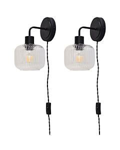 Set of 2 Toby - Black Plug in Wall Lights Barrel Ribbed Glass