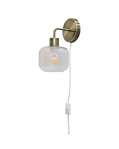 Toby - Antique Brass Plug in Wall Light with Batley Ribbed Glass Shade
