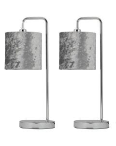 Set of 2 Chrome Arched Table Lamps with Grey Crushed Velvet Shades
