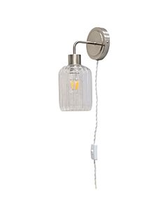 Toby - Satin Nickel Plug in Wall Light with Lozenge Ribbed Glass Shade
