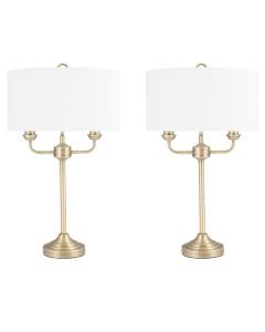 Pair of Antique Brass Twin Arm Table Lamp with Cream Cotton Shades