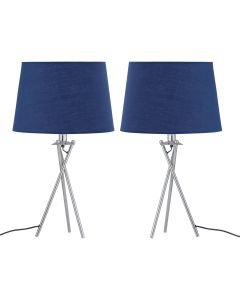 Set of 2 Tripod Table Lamps with Navy Cotton Fabric Shades