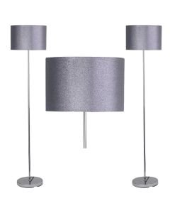 Set of 2 Chrome Stick Floor Lamps with Grey Glitter Shades
