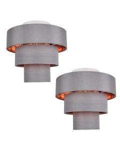 Set of 2 Staggered 3 Tier Grey Faux Silk Slub Fabric Ceiling Flush Shade with Copper Board Inner