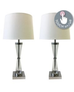 Set of 2 Chrome Touch Lamps with White Cotton Shades