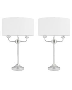 Pair of Polished Chrome Twin Arm Table Lamp with Cream Cotton Shades