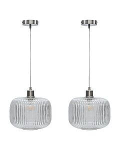 Set of 2 Batley Large - Clear Ribbed Glass with Satin Nickel Pendant Fittings