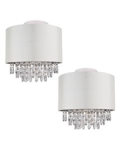 Set of 2 300mm Cream Faux Silk Ceiling Flush Shade with Chrome Inner and Clear Droplets