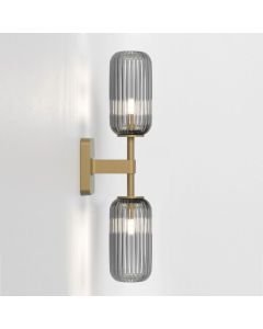 Astro Lighting - Tacoma Twin 1429008 & 5036010 - IP44 Antique Brass Wall Light with Smoked Ribbed Reed Glass Shades
