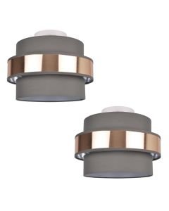 Pair of 2 Tier Grey Fabric & Brushed Copper Plated Banded Ceiling Flush Shade