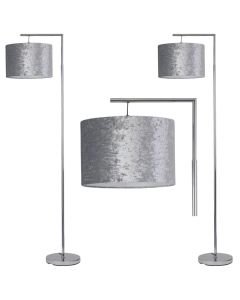 Set of 2 Chrome Angled Floor Lamps with Grey Crushed Velvet Shades