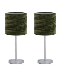 Set of 2 Chrome Stick Table Lamps with Green Crushed Velvet Shades