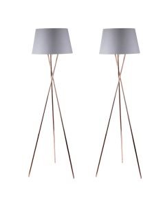 Pair Copper Tripod Floor Lamp with Grey Fabric Shade