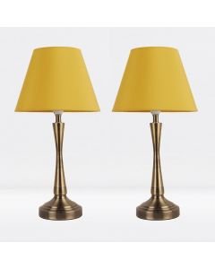 Set of 2 Antique Brass Plated Bedside Table Light with Curved Column Ochre Fabric Shade