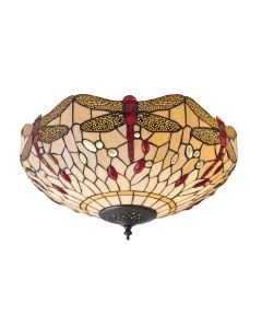 Interiors 1900 - Dragonfly - 70723 - Dark Bronze Tiffany Glass 2 Light Flush Ceiling Light