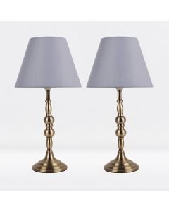 Set of 2 Antique Brass Plated Bedside Table Light with Candle Column Grey Fabric Shade