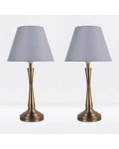 Set of 2 Antique Brass Plated Bedside Table Light with Curved Column Grey Fabric Shade