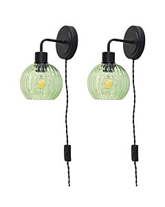 Set of 2 Toby - Black Plug in Wall Lights Green Ribbed Shades