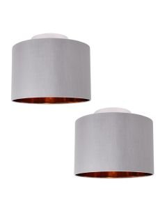 Set of 2 Grey Faux Silk 30cm Drum Light Ceiling Flush Shade with Copper Inner