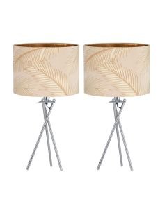 Set of 2 Tropica - Chrome Tripod Table Lamps with Champagne and Gold Leaf Embossed Shade