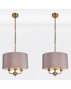 Pair of 3 Light Antique Brass Pendant Chandelier with Grey Fabric Shade