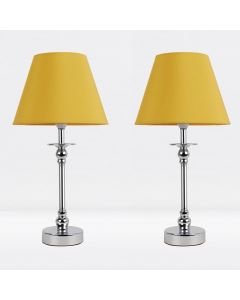 Set of 2 Chrome Plated Bedside Table Light with Ball Detail Column Ochre Fabric Shade