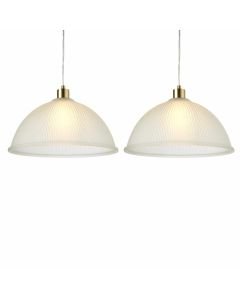 Set of 2 Frosted Ribbed Glass with Satin Brass Ceiling Pendants