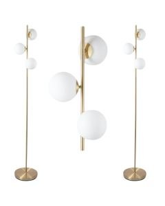 Pair of Satin Brass Floor Lamps with Opal Globe Shades
