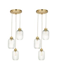 Set of 2 Lena - Ribbed Glass & Brushed Gold 3 Light Pendants