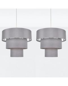 Set of 2 Easy Fit Staggered 3 Tier Grey Faux Silk Slub Fabric Shade with Chrome Board Inner