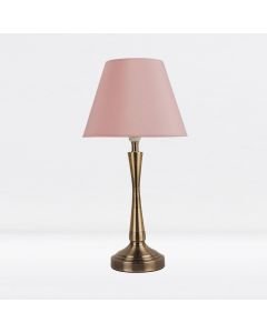 Antique Brass Plated Bedside Table Light with Curved Column Blush Pink Fabric Shade