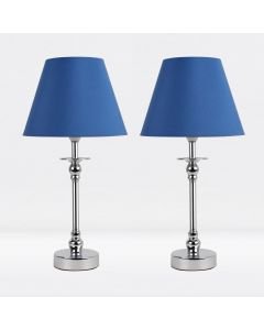 Set of 2 Chrome Plated Bedside Table Light with Ball Detail Column Blue Fabric Shade