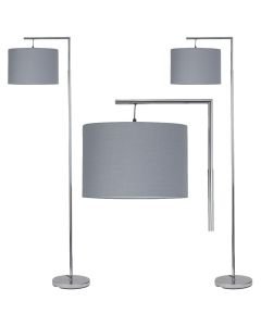 Set of 2 Chrome Angled Floor Lamps with Grey Cotton Shades