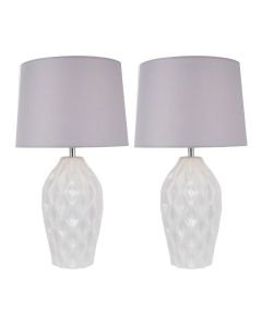 Set of 2 Textured White Gloss Glaze Ceramic Bedside Table Light with Grey Textured Cotton Fabric Shade