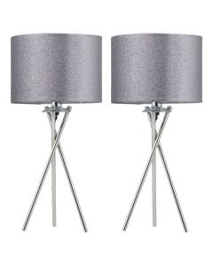 Set of 2 Chrome Tripod Table Lamps with Grey Glitter Shades
